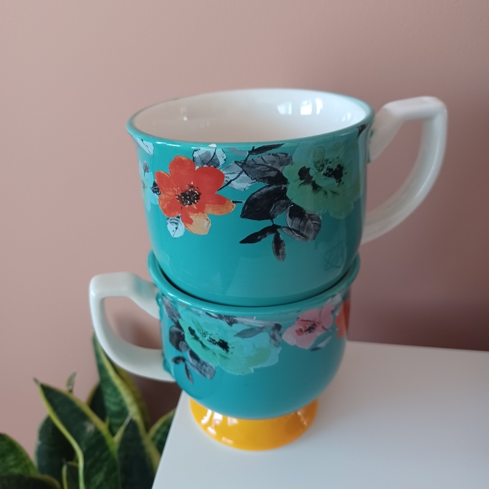 Pioneer Woman Flea Market Turquoise & Yellow with Flowers Footed Mugs Lot Of 2